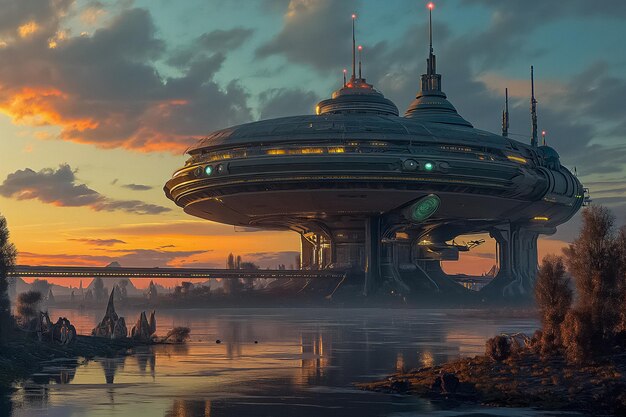 Futuristisch stadsbeeld met een groot ruimteschip bij een rivier bij zonsondergang dat een concept overbrengt