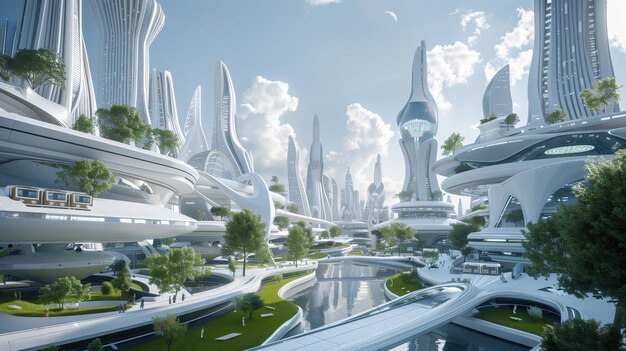 Futuristisch stadsbeeld met rivier