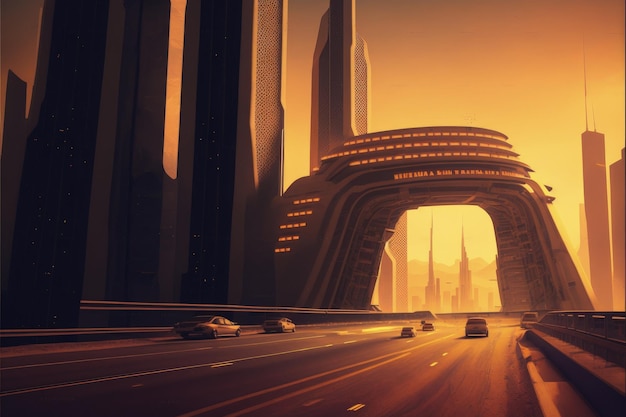 Futuristisch stadsbeeld met verlichte wegen en gebouwen in de schemering Fantasieconcept Illustratie schilderij Generatieve AI