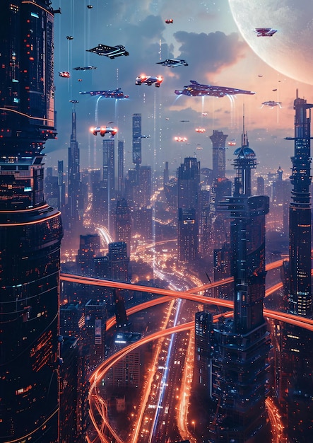Futuristisch stadsbeeld met vliegende schotels gegenereerd door AI