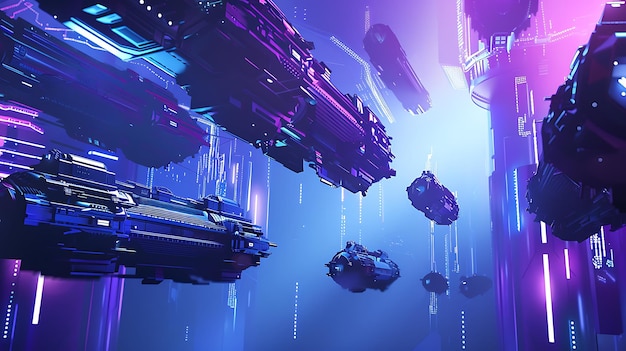 Futuristisch stadsbeeld met vliegende voertuigen en neonlichten