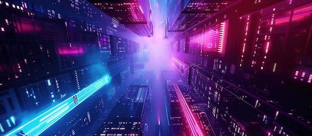 Futuristisch stadsbeeld's nachts met gloeiend neonlicht achtergrond in cyberpunk stijl