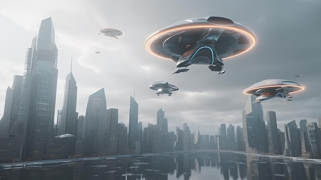 Futuristisch stadsgezicht met vliegende ruimteschepen en UFO's