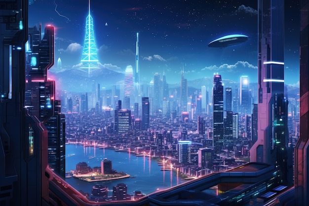Futuristisch stadsgezicht 's nachts met generatieve AI van neonlichten