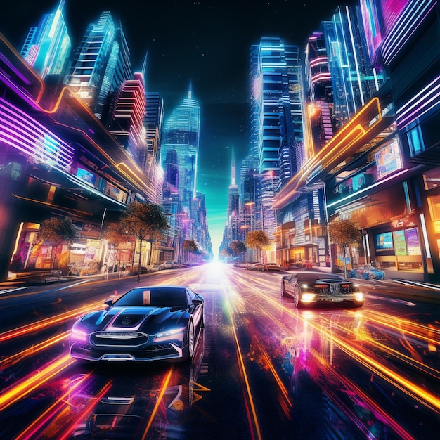 Futuristisch stadsgezicht 's nachts met levendige neonlichten