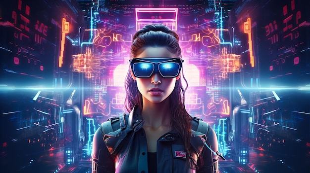 Futuristisch Steampunk-meisje in VR-zonnebril Realistisch 3D-model van een vrouwelijke Cyborg Ai gegenereerd