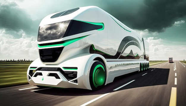 Futuristisch transport van elektrische vrachtwagens met hoge snelheid op snelweg Generative Ai