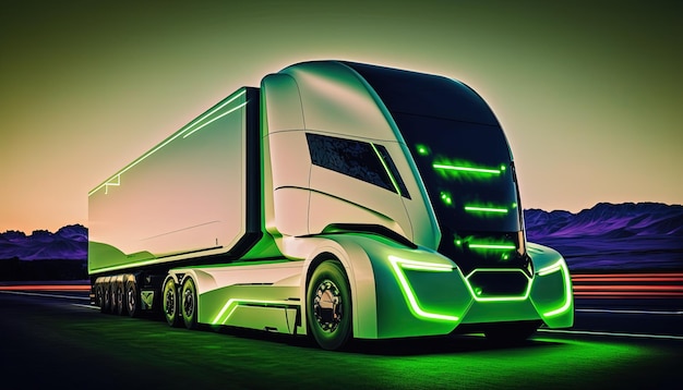 Futuristisch transport van elektrische vrachtwagens met hoge snelheid op snelweg Generative Ai