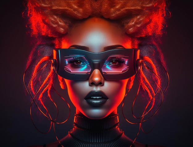 Futuristisch vr-brilgezicht en zwarte vrouw met rood haar generatieve ai