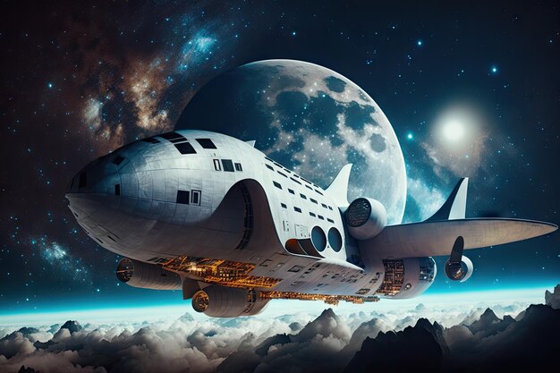 Futuristisch vrachtvliegtuig van de toekomst dat de ruimte in vliegt tegen de achtergrond van sterren en maan gemaakt met