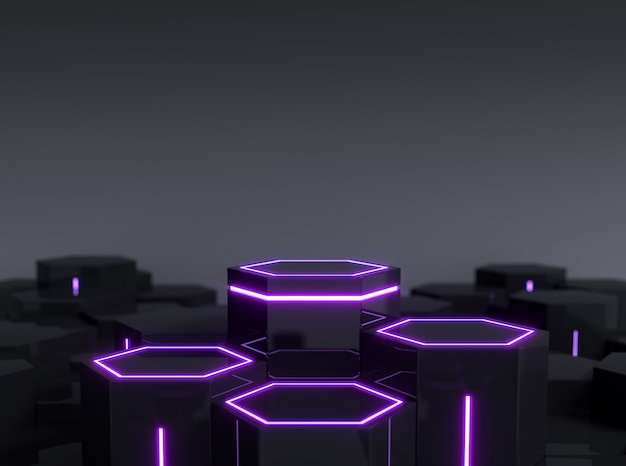 Futuristisch zwart zeshoekig scifi-voetstuk met paars neonlicht voor display-productshowcase