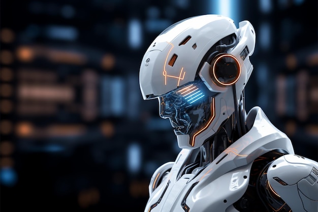 Futuristische 3D-rendering bevat een robot met interactieve HUD-graphics