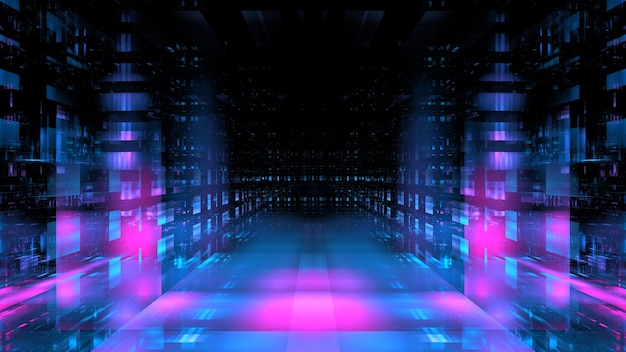 Futuristische abstracte lichtperspectief gloeiende achtergrond technologie ontwerp wetenschap behang tunnel ruimte 3d render