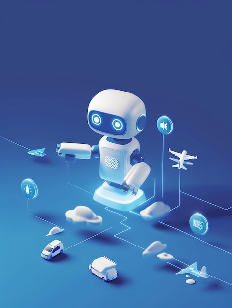 Futuristische AI-robot die interageert met verschillende technologische iconen