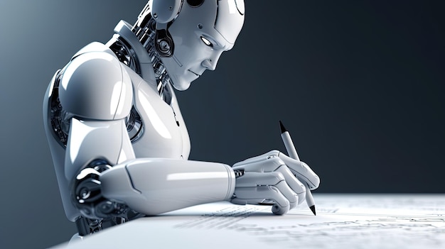 Futuristische Ai Robot Pen vasthouden en schrijven of ondertekenen
