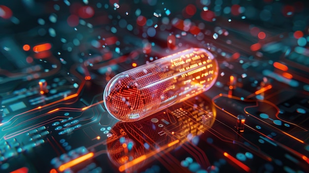 Foto futuristische ai-verbeterde pil die zweeft over tech circuitry