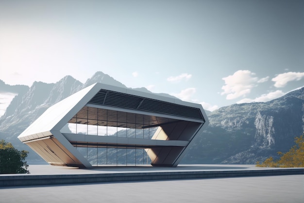 Futuristische architectuur van moderne halingang op berg met lege gang