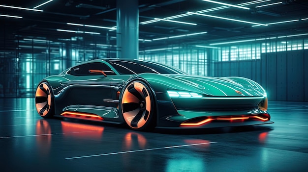 Futuristische auto met neon achtergrondverlichting