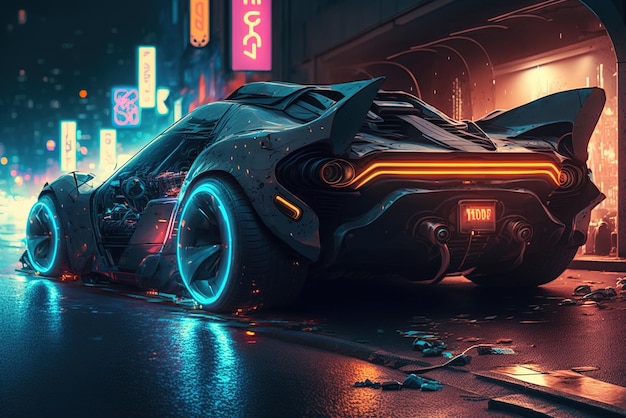 Futuristische auto met neon gloeiend in cybercity sport cyberpunk auto generatieve AI