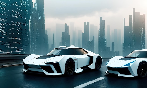 Futuristische auto op de achtergrond van de stad van de toekomst