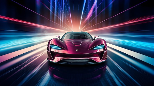 futuristische auto op neonlicht met hoge snelheid