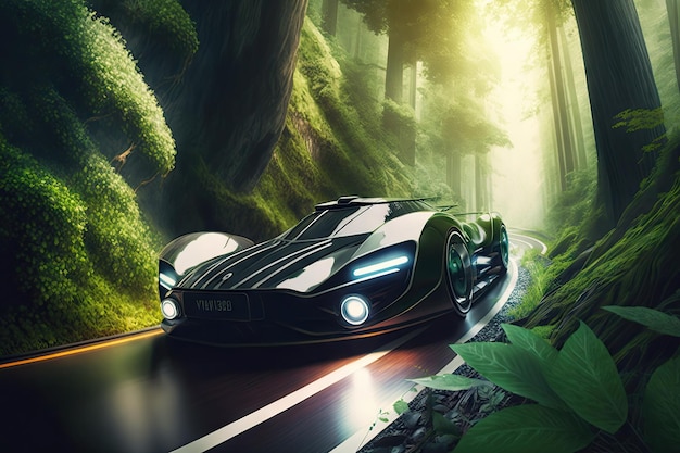 Futuristische auto rijdt over een kronkelende bergweg omringd door weelderig groen