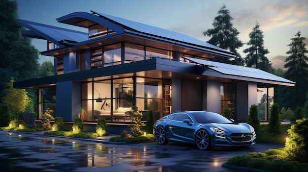 Futuristische auto voor een modern huis in de nacht