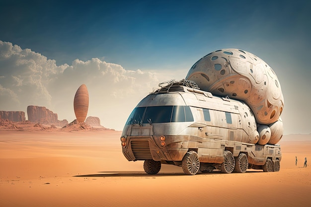 Futuristische bestelwagen van de toekomst die door de woestijnplaneet reist