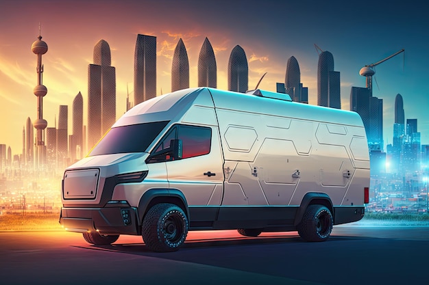 Futuristische bestelwagen van de toekomst met computerbehuizing en technologieën op de achtergrond van de stad