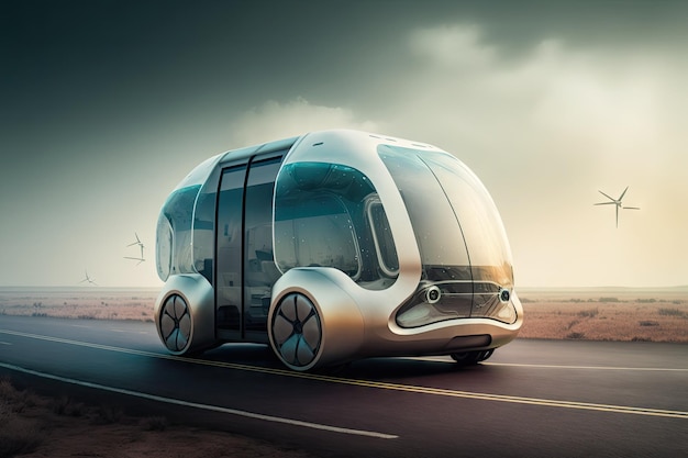 Futuristische bestelwagen van de toekomst met transparante cabine rijdt op de snelweg