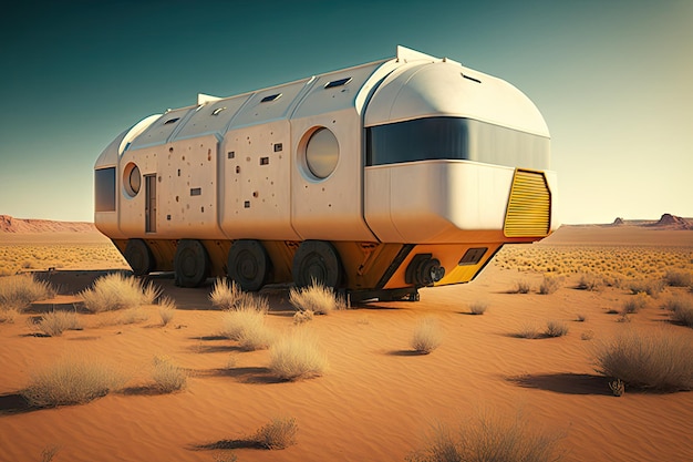 Futuristische bestelwagen van toekomstige transportcontainers langs lege futuristische steppe