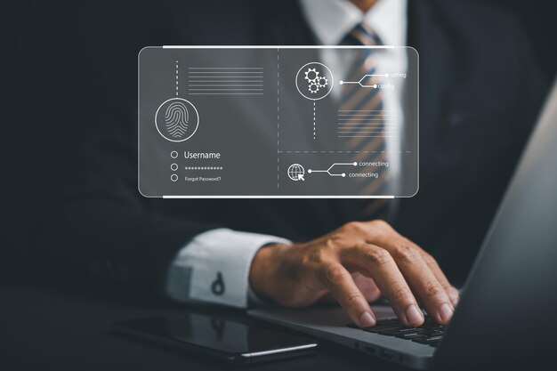 Futuristische biometrische vingerafdrukscanner die digitale toegang tot financiële gegevens ontgrendelt en veiligheid en privacy garandeert Wereldwijde netwerkscanning en bewaking van cybertoepassingen digitale identificatie