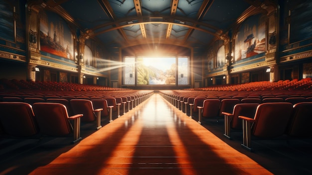 Foto futuristische bioscoop auditorium zaal met gordijnen en een witte lege blanke scherm