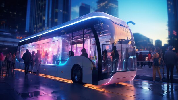 Futuristische bus met neonverlichting op nachtelijke weg