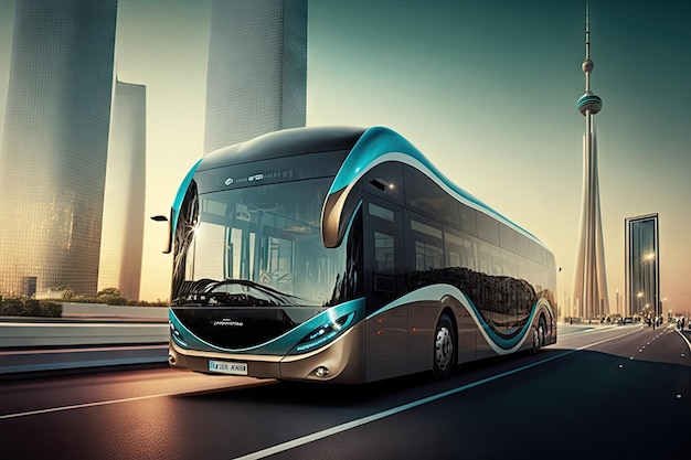 Futuristische bus met waterstof-brandstofcel en zelfrijdende technologie raast langs strakke wolkenkrabbers