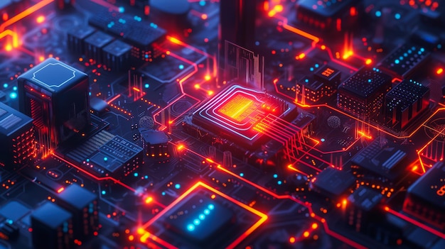 Foto futuristische circuit board city met gloeiende elementen