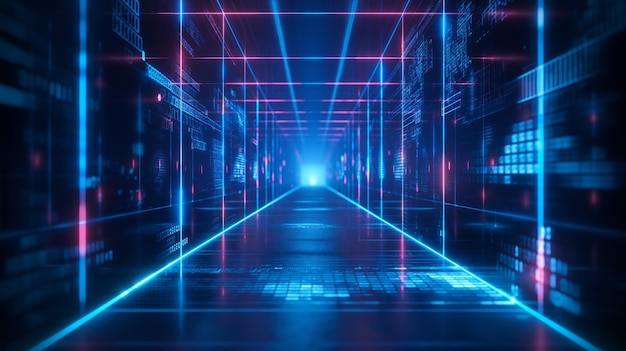 Futuristische corridor met neonverlichting in datacentrum concept van geavanceerde technologie en moderne dataverwerkingsfaciliteiten