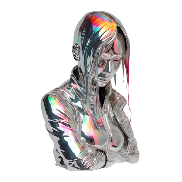 Futuristische cyber vrouw beeldhouwwerk vloeibare holografische metalen gesmolten moderne Y2K ontwerp element transparant png Generative Ai