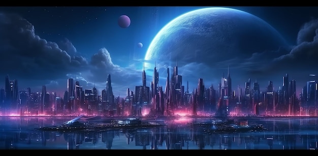 Futuristische Cyberpunk Nacht Stad SciFi Conceptuele 3D Kunst Illustratie