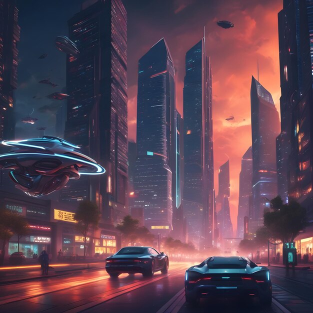 Futuristische cyberpunk stad met vliegende voertuigen