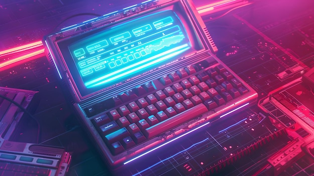 Futuristische cyberpunk toetsenbord met neonlichten retrofuturisme concept illustratie technologische nostalgie scène AI