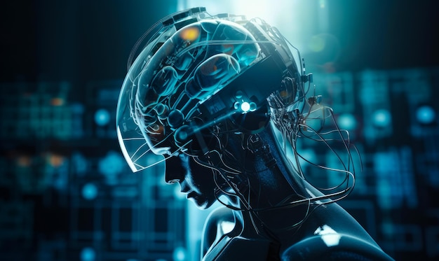 Futuristische cyberrobot met grote transparante helm en aangesloten draden Bionics en kunstmatige intelligentie concept Zijaanzicht Generatieve AI