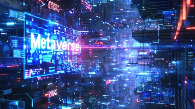 Futuristische cyberspace met teken Metaverse abstracte digitale wereld achtergrond Stad met data lichten in cyberspace Concept van technologie toekomst tech virtueel