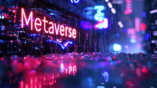 Futuristische donkere cyberpunk stad met neon teken Metaverse abstracte digitale wereld lettering op regen