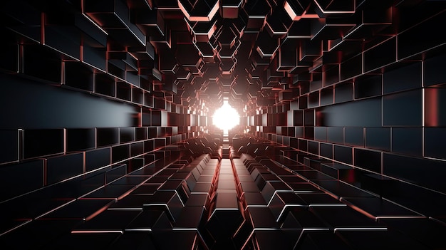 Futuristische donkere tunnel met een intens licht ervan
