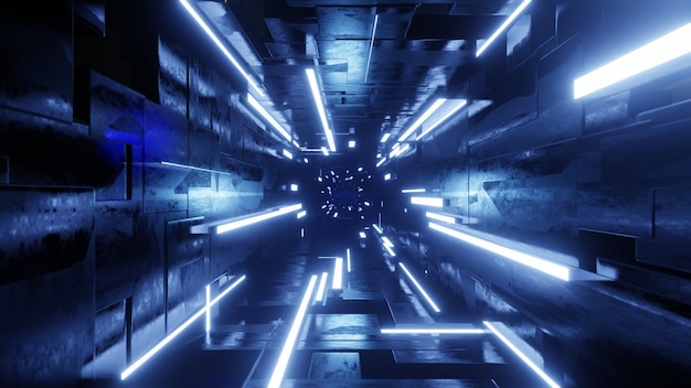 Futuristische donkere tunnel met neonlicht. 3D render illustratie.