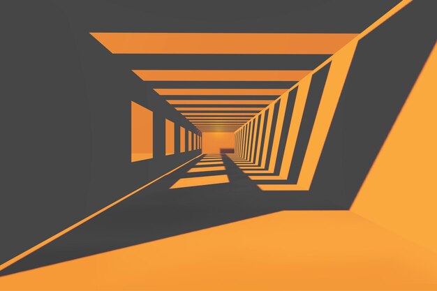 Futuristische donkere tunnel met oranje lichten en lange diepe schaduwen 3d render