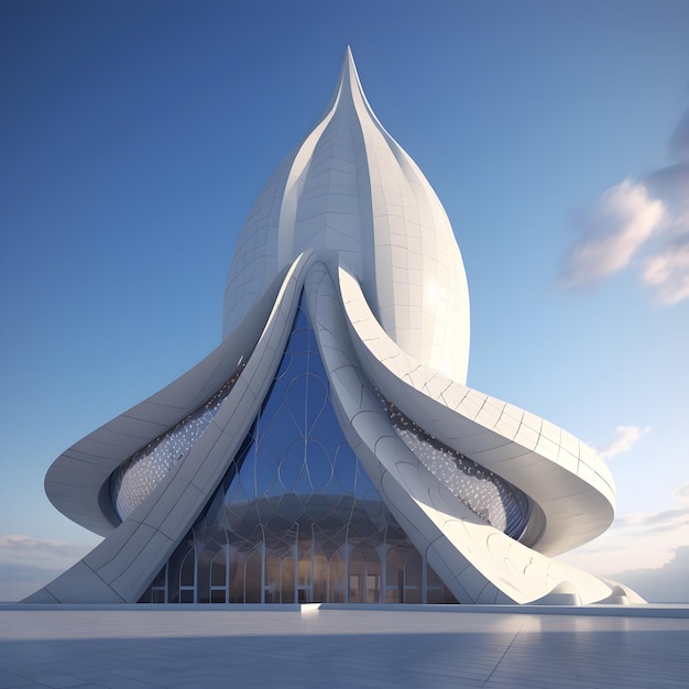 Futuristische dromen een opvallende 3D-weergave van een gebouw in een blauwe lucht met wolken