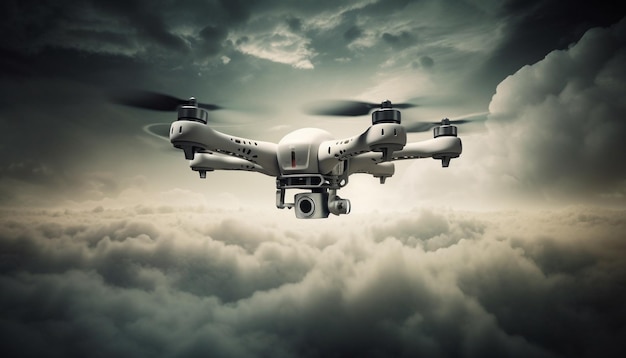 Futuristische drone die midden in de lucht zweeft, gegenereerd door AI