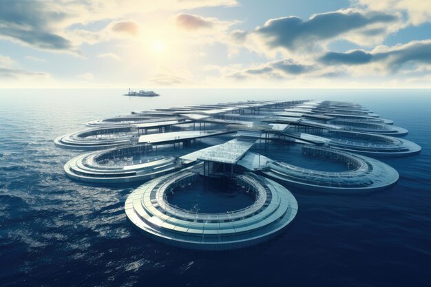 Futuristische elektriciteitscentrale van de toekomst in de oceaan waterenergie